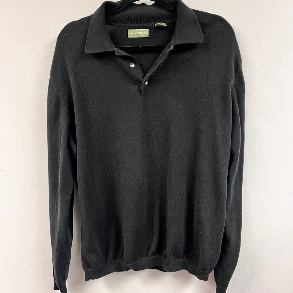 Men's Dockers vintage 1990's 100% Cotton long sleeve Polo sweater Solid Black